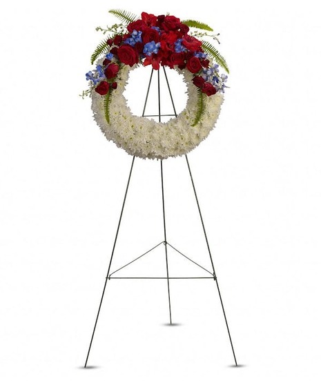 A red, white and blue wreath.